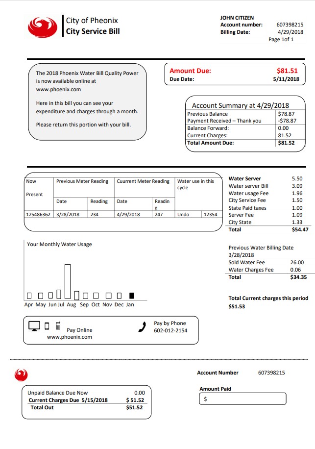 USA Arizona City of Phoenix utility bill template in Word and PDF format